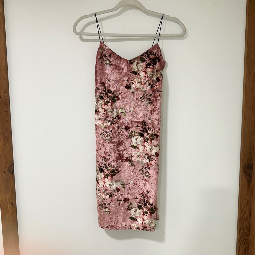 Polly & Esther Pink Floral Crushed Velvet Slip Dress Womens S Spaghetti Strap